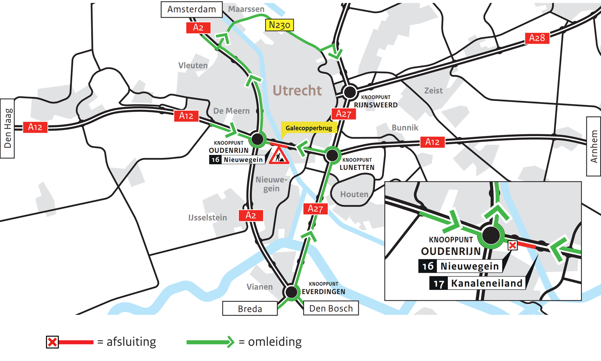 Omleidingskaart voor de afsluitingen van de A12 Galecopperbrug richting Arnhem in april 2024.
